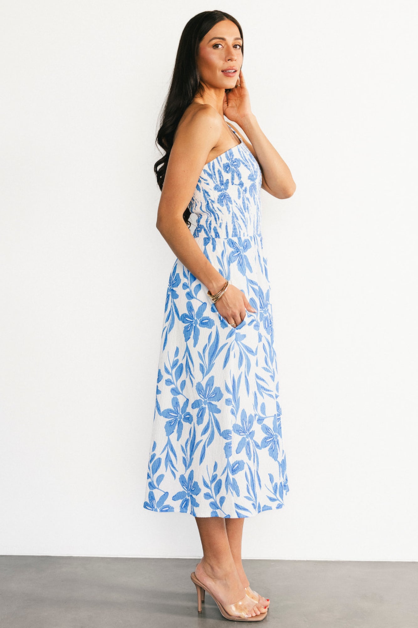 Brisa One Shoulder Midi Dress | White + Blue