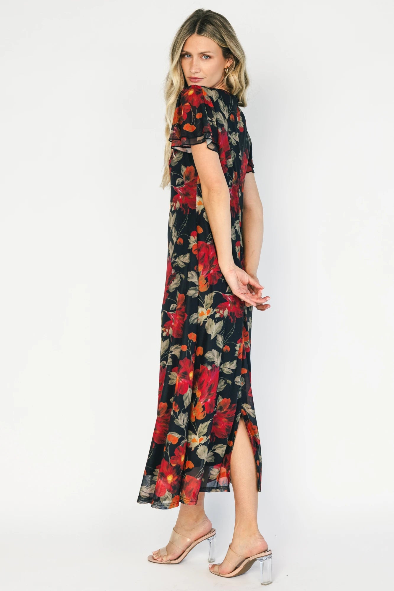 Briony Mesh Maxi Dress | Black + Red Floral