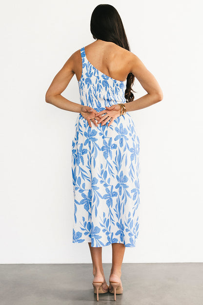 Brisa One Shoulder Midi Dress | White + Blue