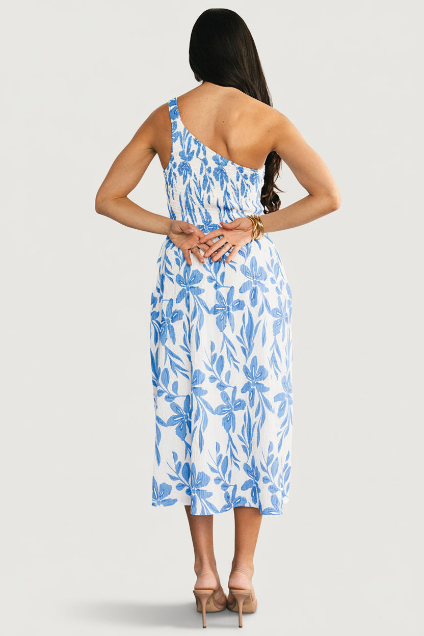 Brisa One-Shoulder Midi Dress — White & Blue