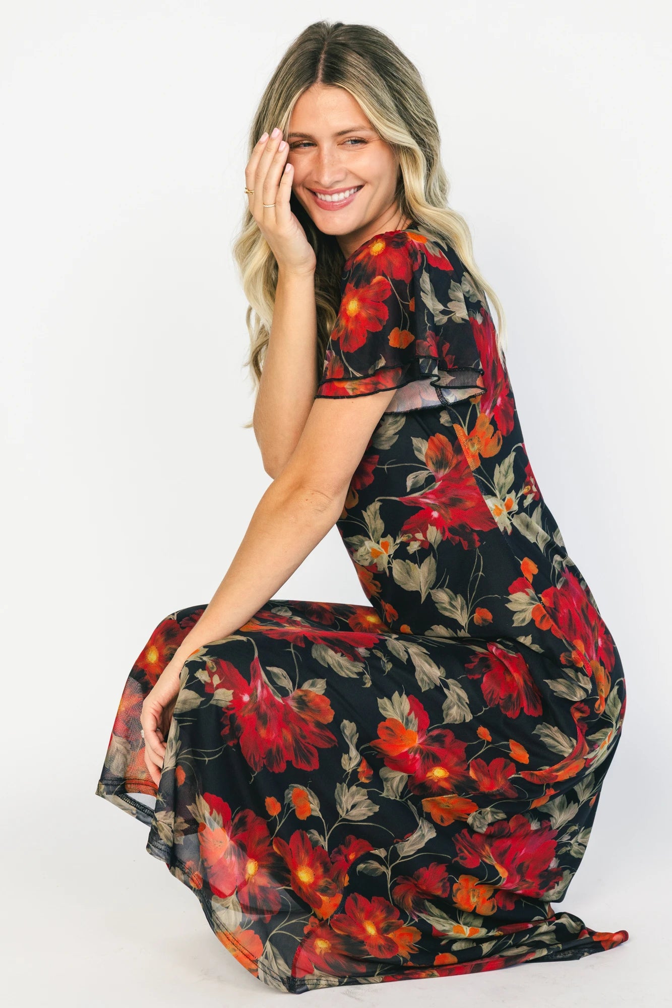 Baltic Born Womens Briony Mesh Maxi Dress | Black + Red Floral