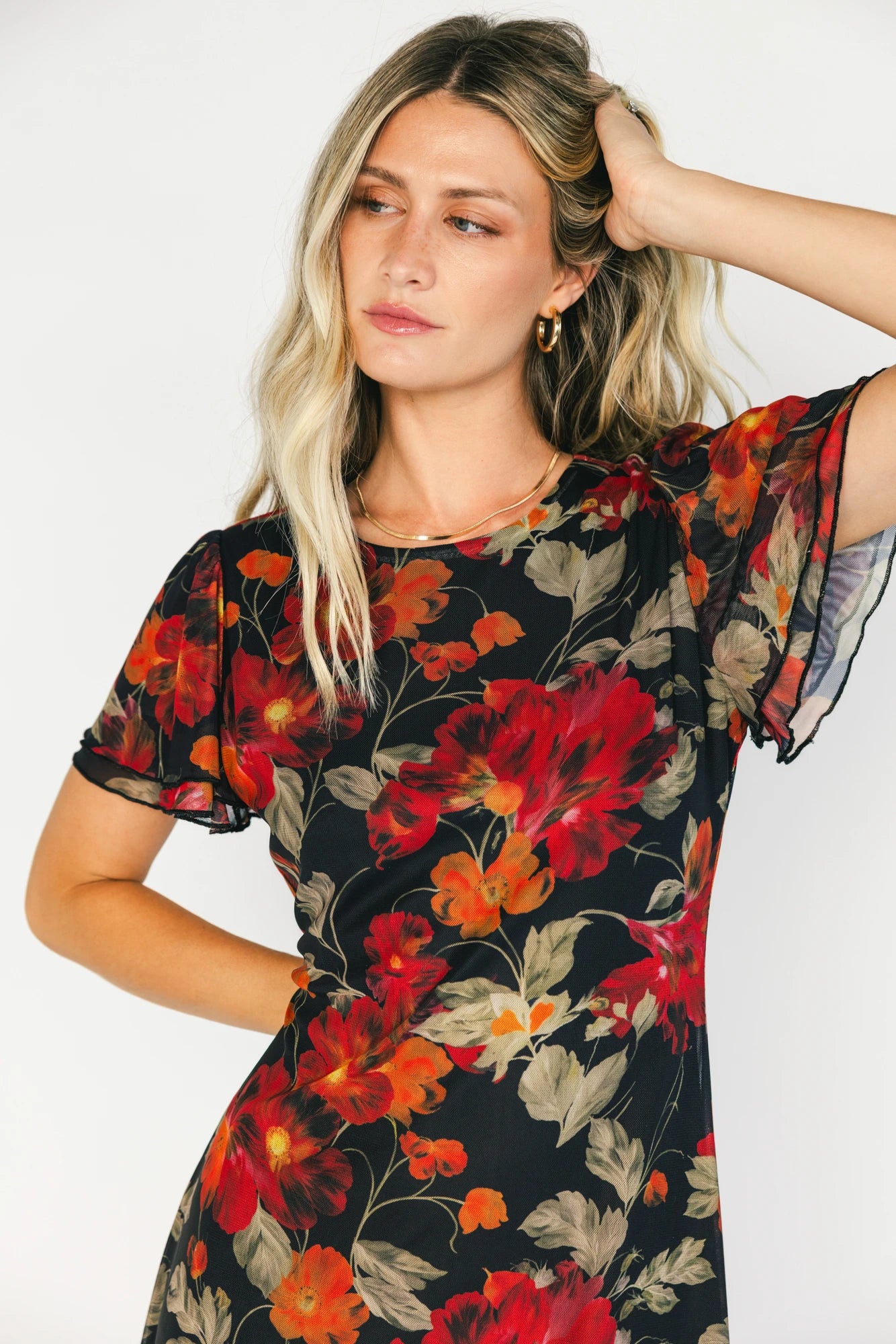 Briony Mesh Maxi Dress | Black + Red Floral