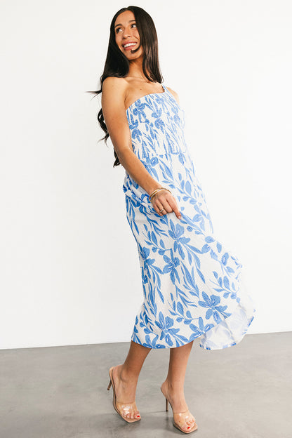 Brisa One Shoulder Midi Dress | White + Blue