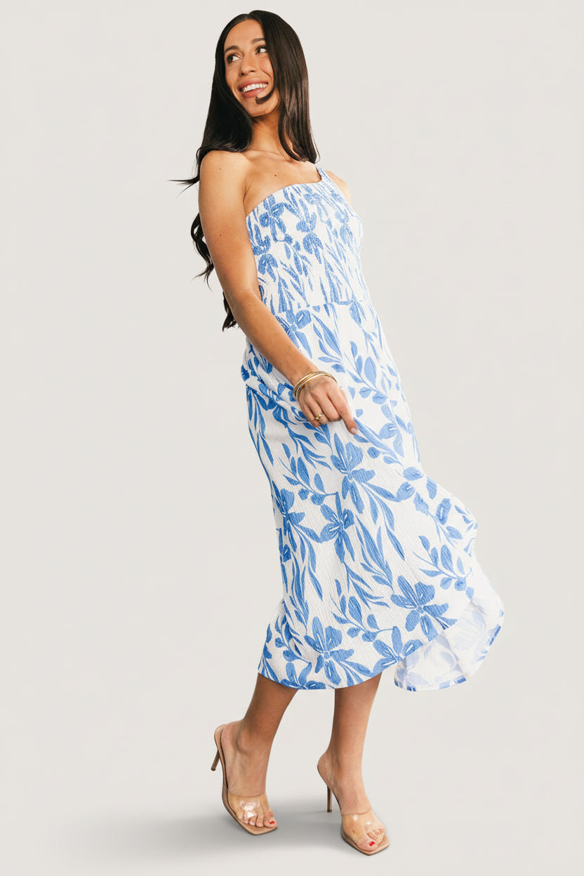 Brisa One-Shoulder Midi Dress — White & Blue