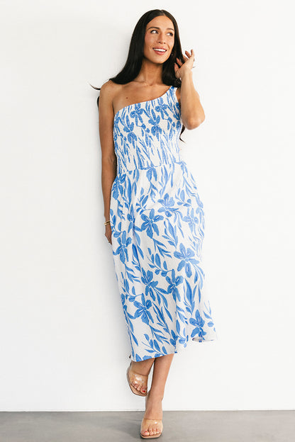 Brisa One Shoulder Midi Dress | White + Blue