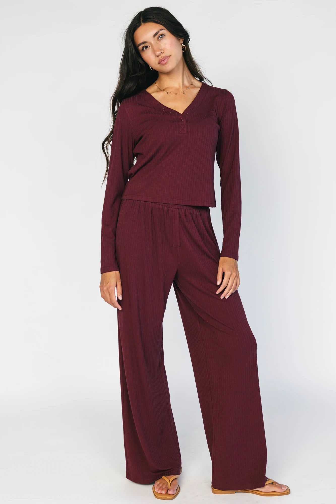 Rubi Soft Ribbed Pajama Set | Burgundy