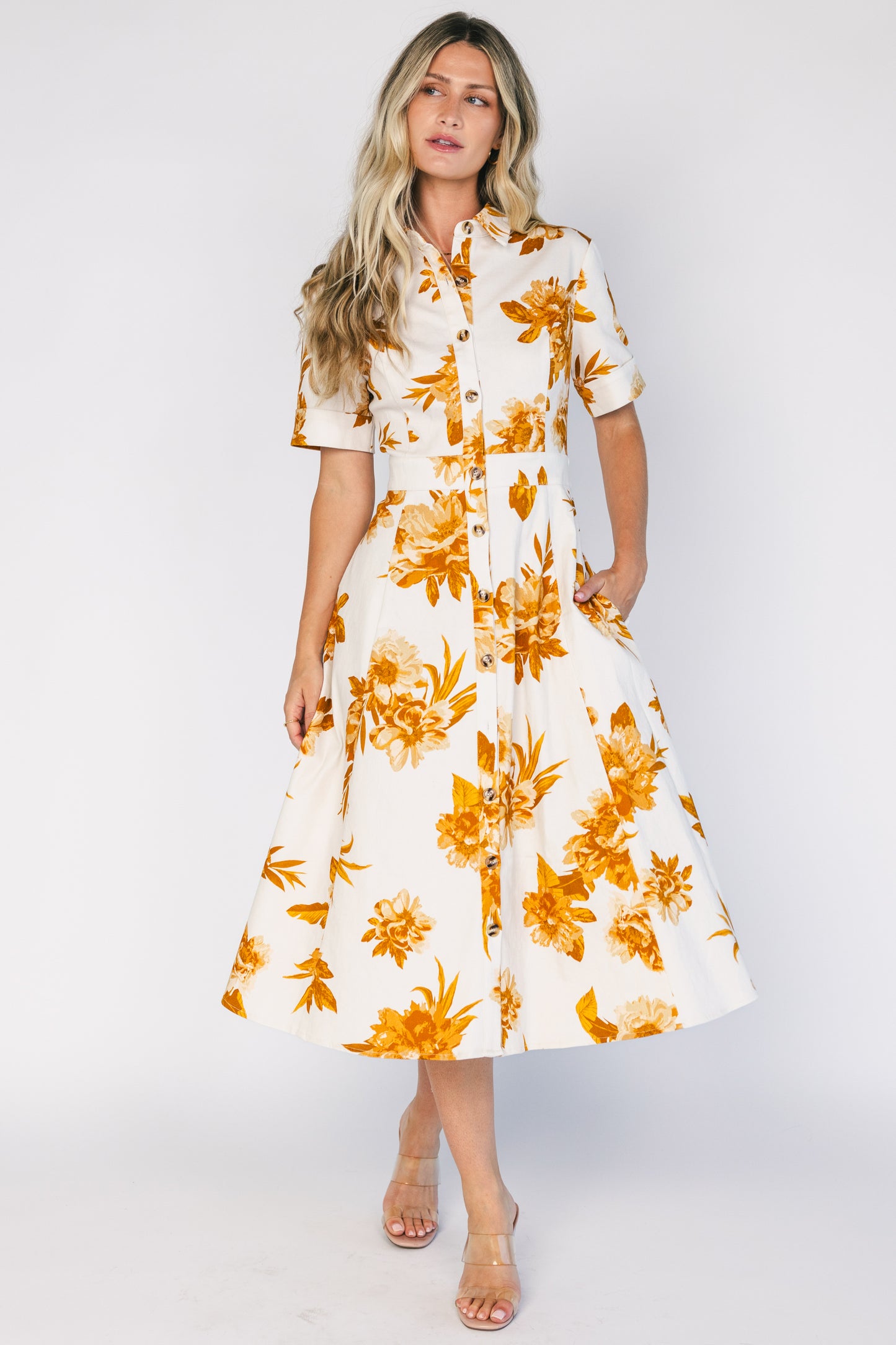 Selena Button Up Dress | Ivory + Golden Floral