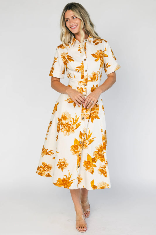 Selena Button Up Dress | Ivory + Golden Floral