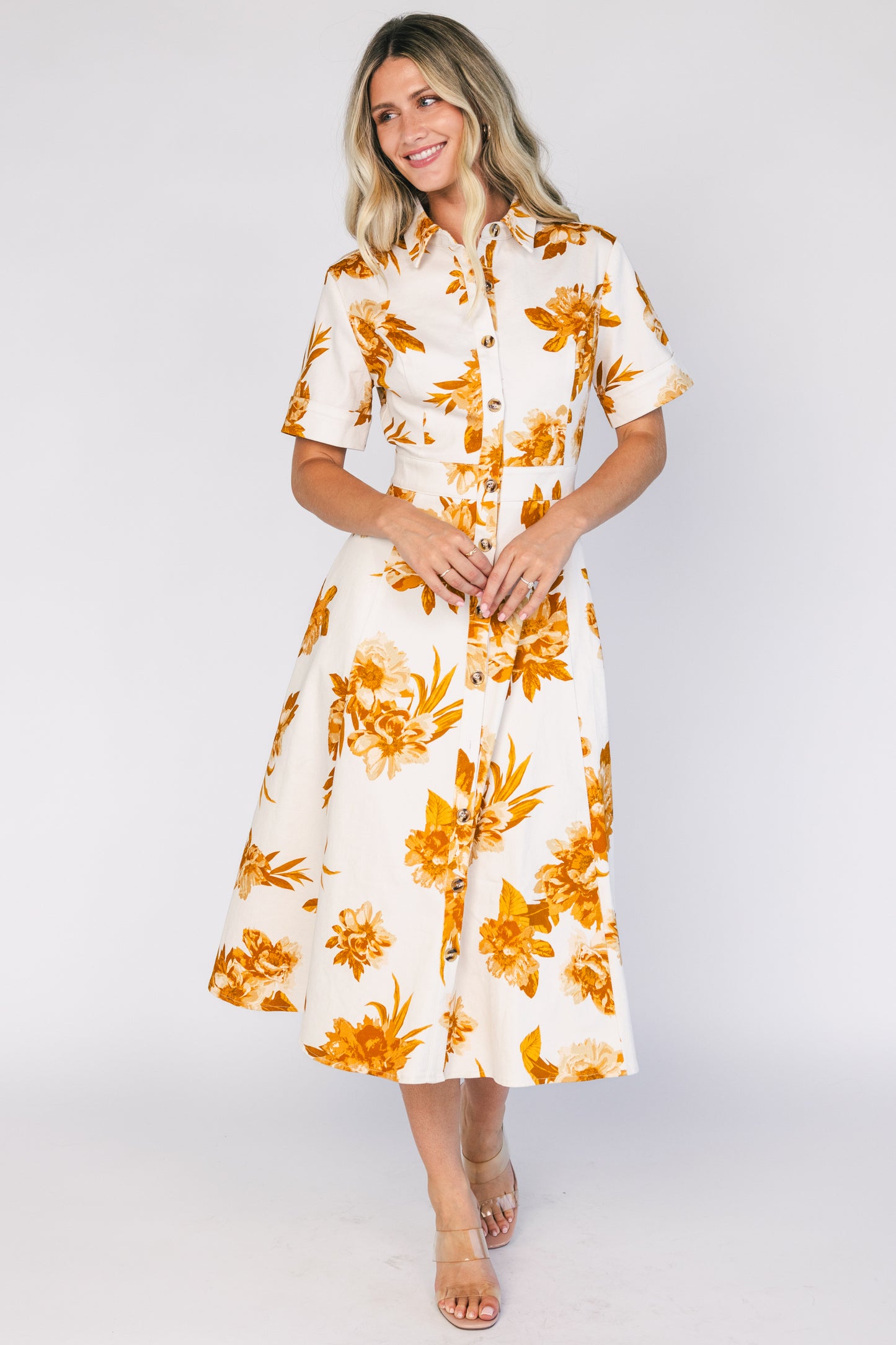 Selena Button Up Dress | Ivory + Golden Floral