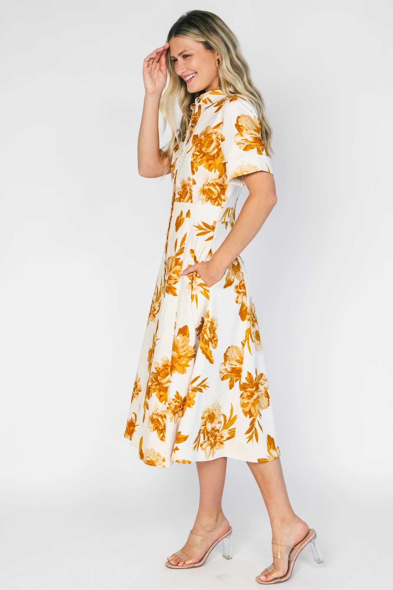 Selena Button Up Dress | Ivory + Golden Floral