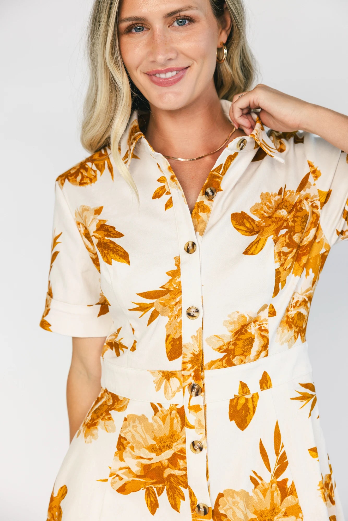 Selena Button Up Dress | Ivory + Golden Floral
