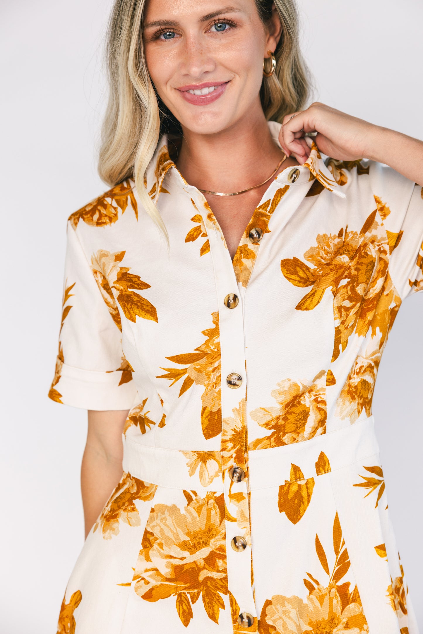 Selena Button Up Dress | Ivory + Golden Floral