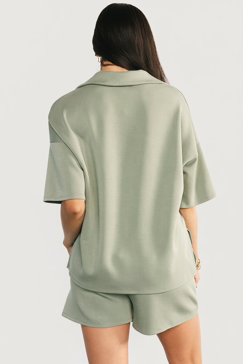 Full-length image of the Ana set in green, showing coordinated two‑piece styling suitable for travel or casual wear.