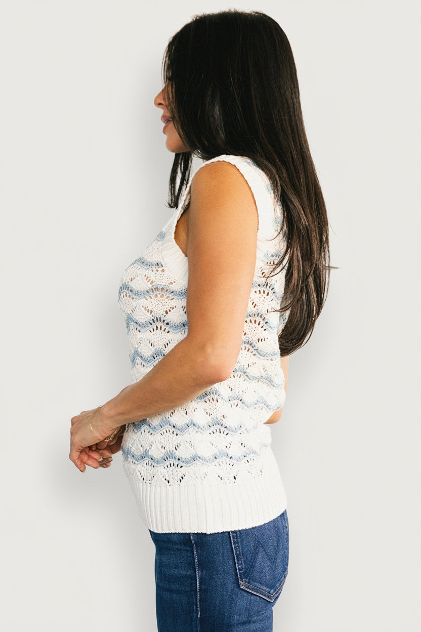 Close-up of crochet knit showing blue wavy stripe pattern and open stitch texture with ribbed neckline and soft yarn blend.