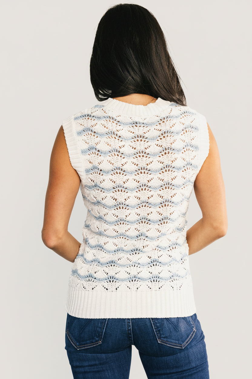 Styled outfit shot with Baeza Crochet Tank paired with denim, showing overall fit, stripe placement, and relaxed summer styling.