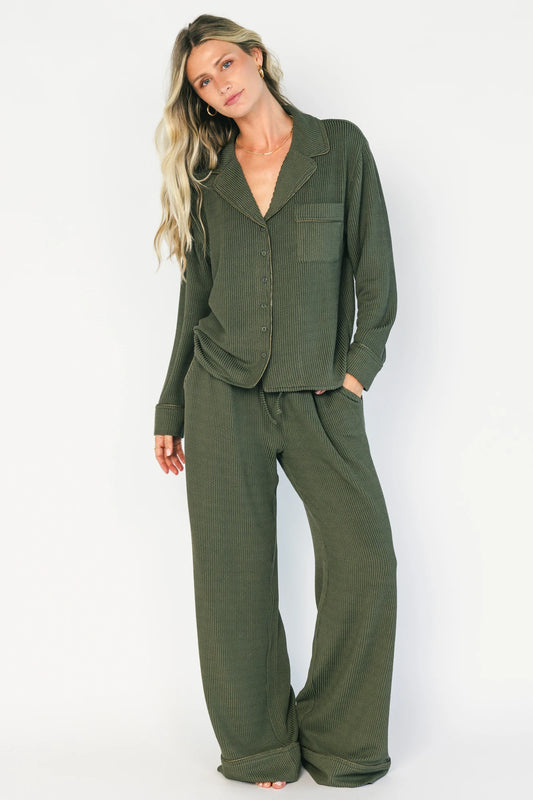 Eloise Ribbed Pajama Set | Dark Olive