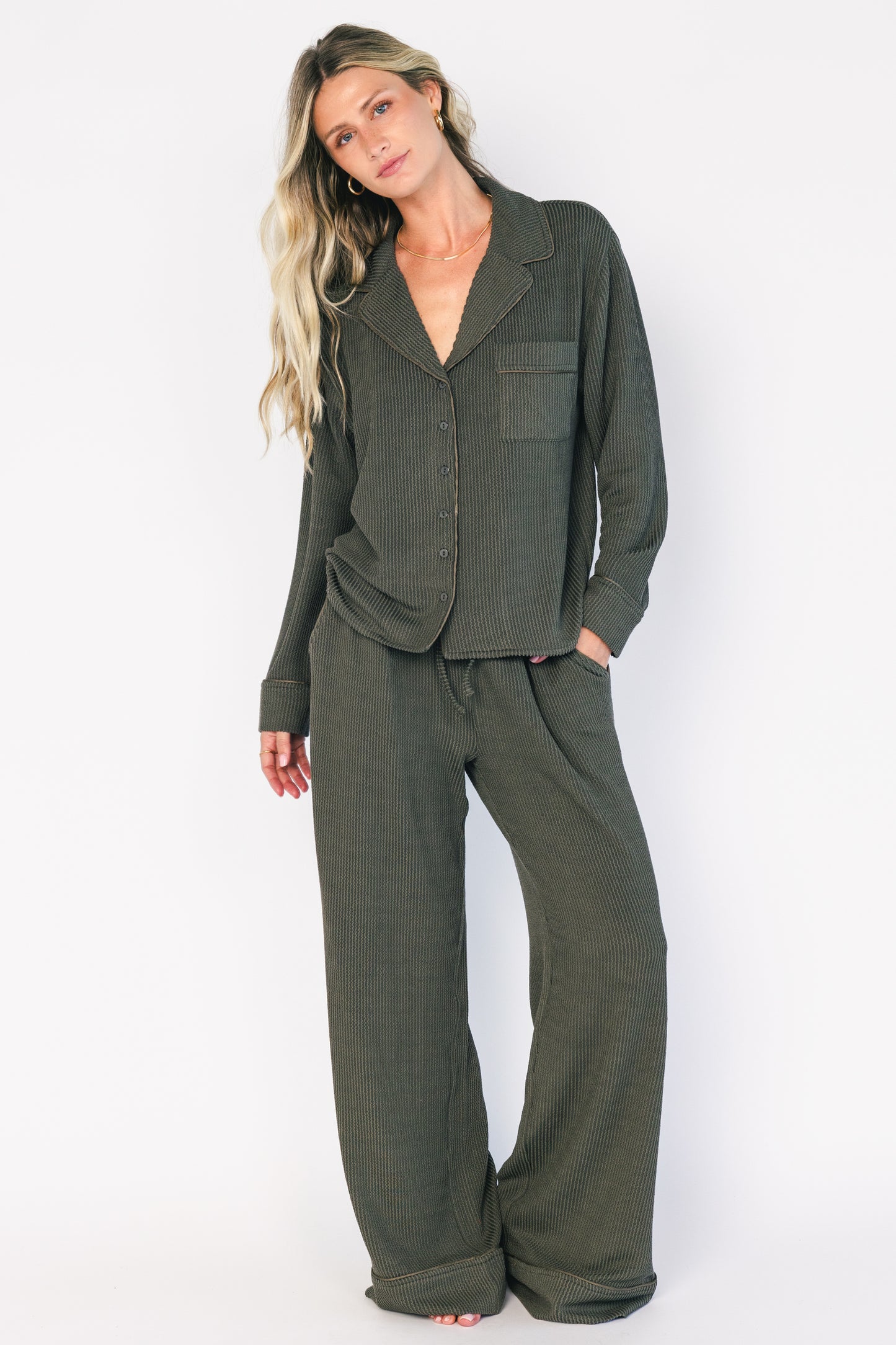 Eloise Ribbed Pajama Set | Dark Olive