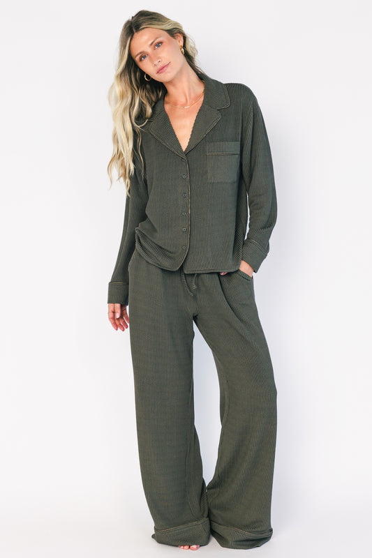Eloise Ribbed Pajama Set | Dark Olive