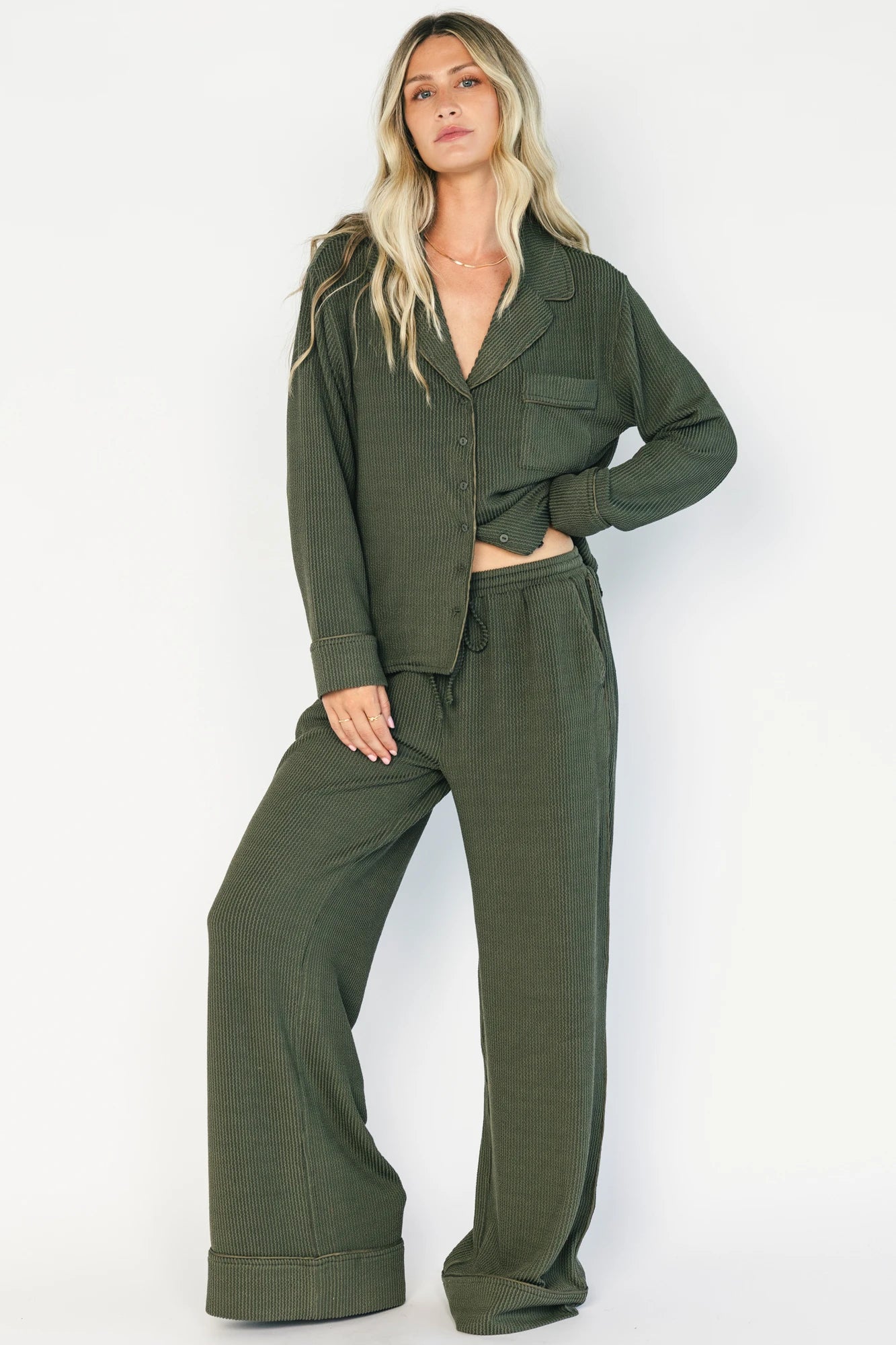 Eloise Ribbed Pajama Set | Dark Olive