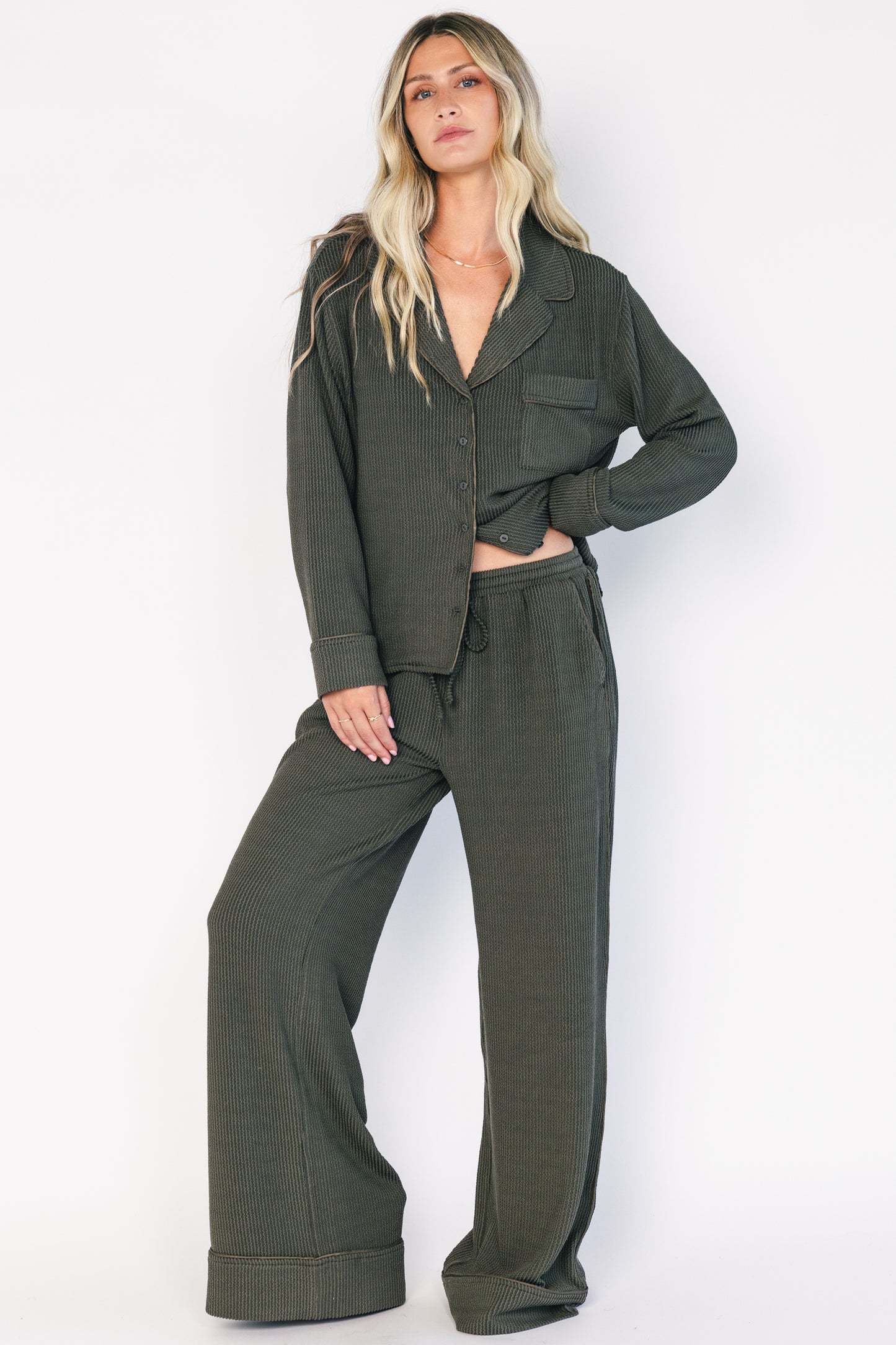 Eloise Ribbed Pajama Set | Dark Olive
