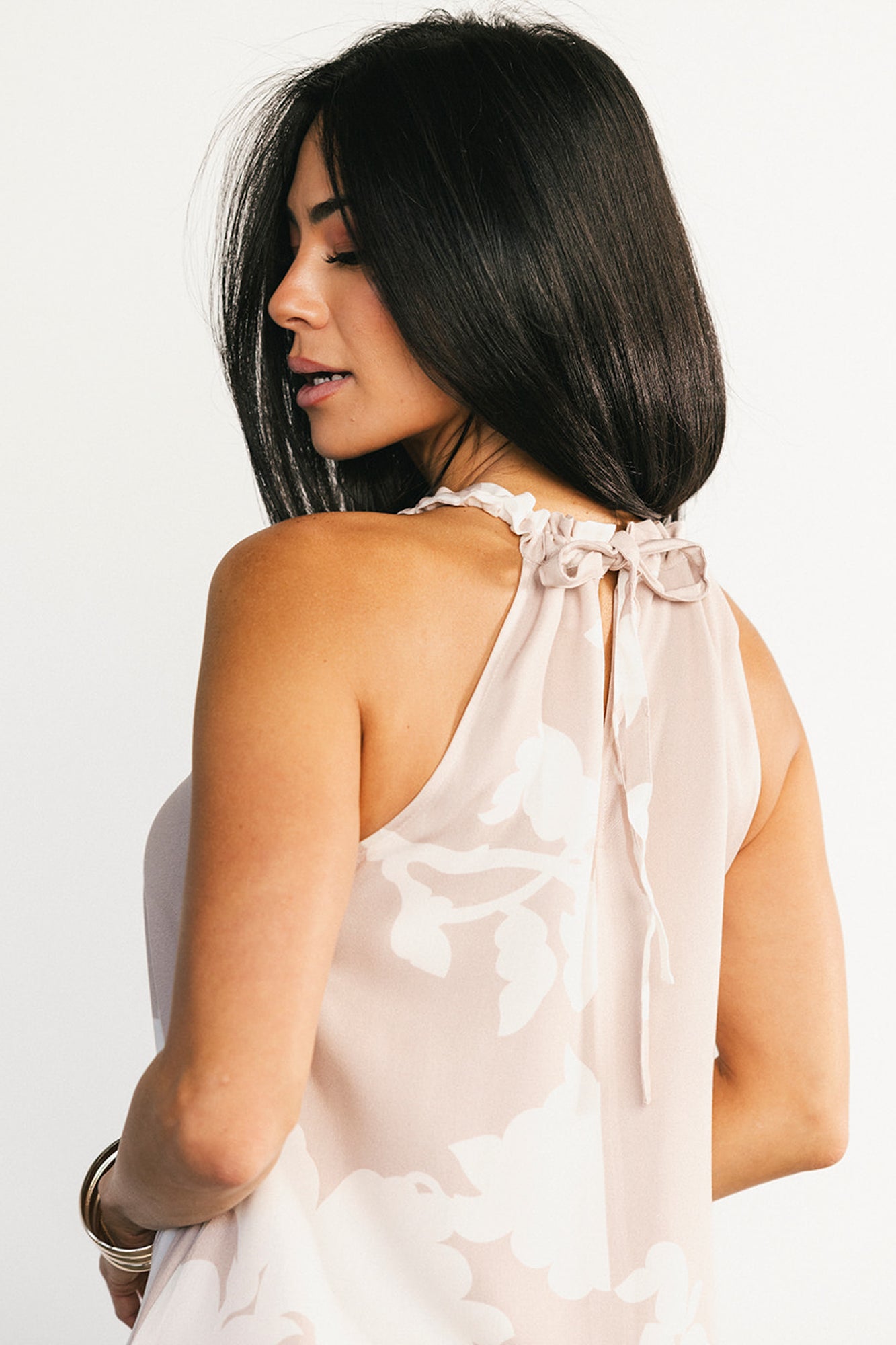 Side view of Aurelia Column Maxi Dress showing functional side pocket and the soft drape of viscose fabric.