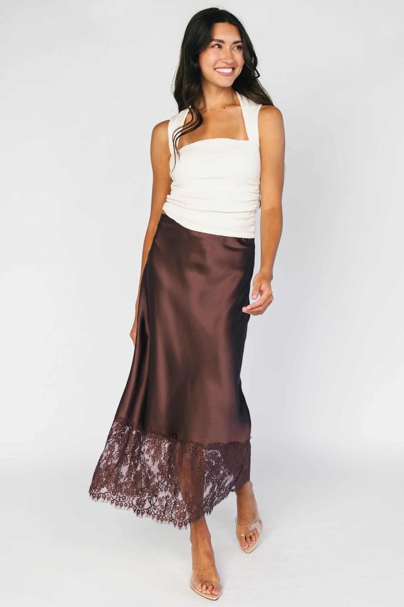 Kamara Satin Lace Skirt | Chocolate