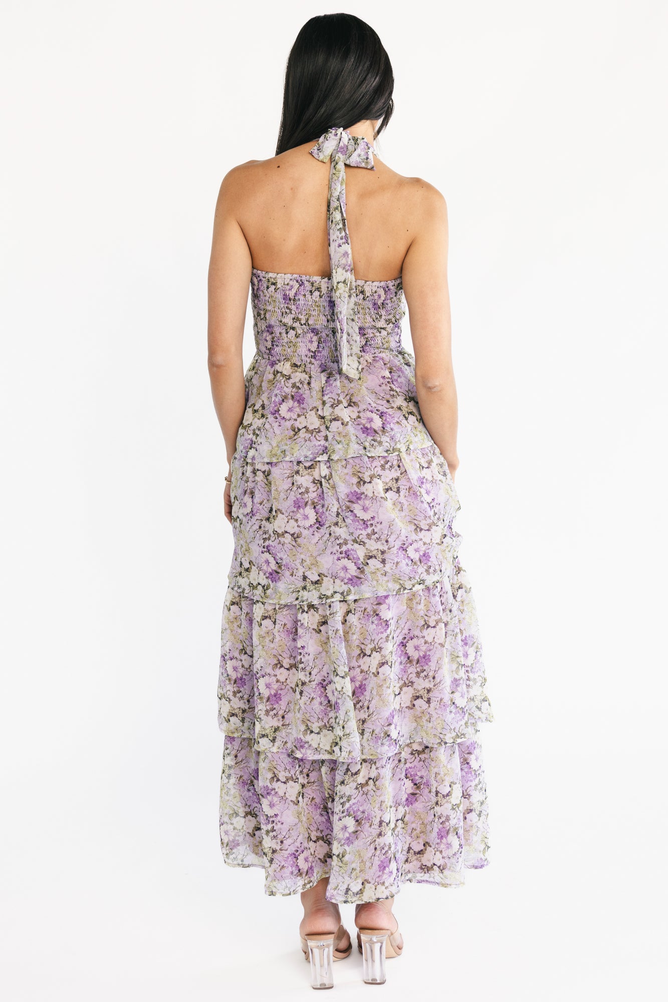 Close-up detail of lavender and olive floral chiffon fabric, showing print scale, delicate ruffle edge and fine fabric texture.
