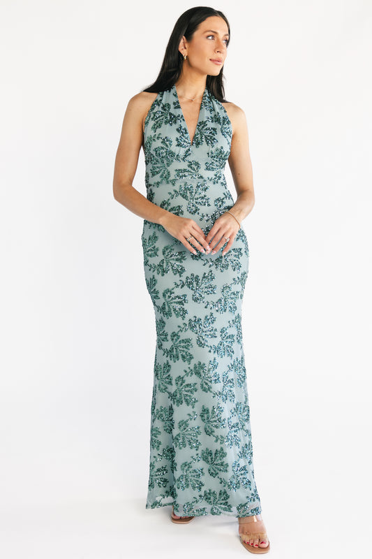 Gabriella Sequin Halter Gown | Eucalyptus