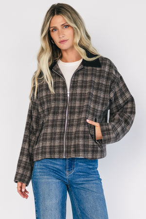 Harvard Jacket in Brown Plaid with contrast suede collar, zip front, long sleeves, zip pockets, and cropped silhouette.