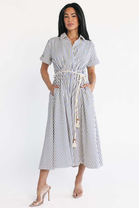 Bryony Midi Dress | Cream + Navy Stripe