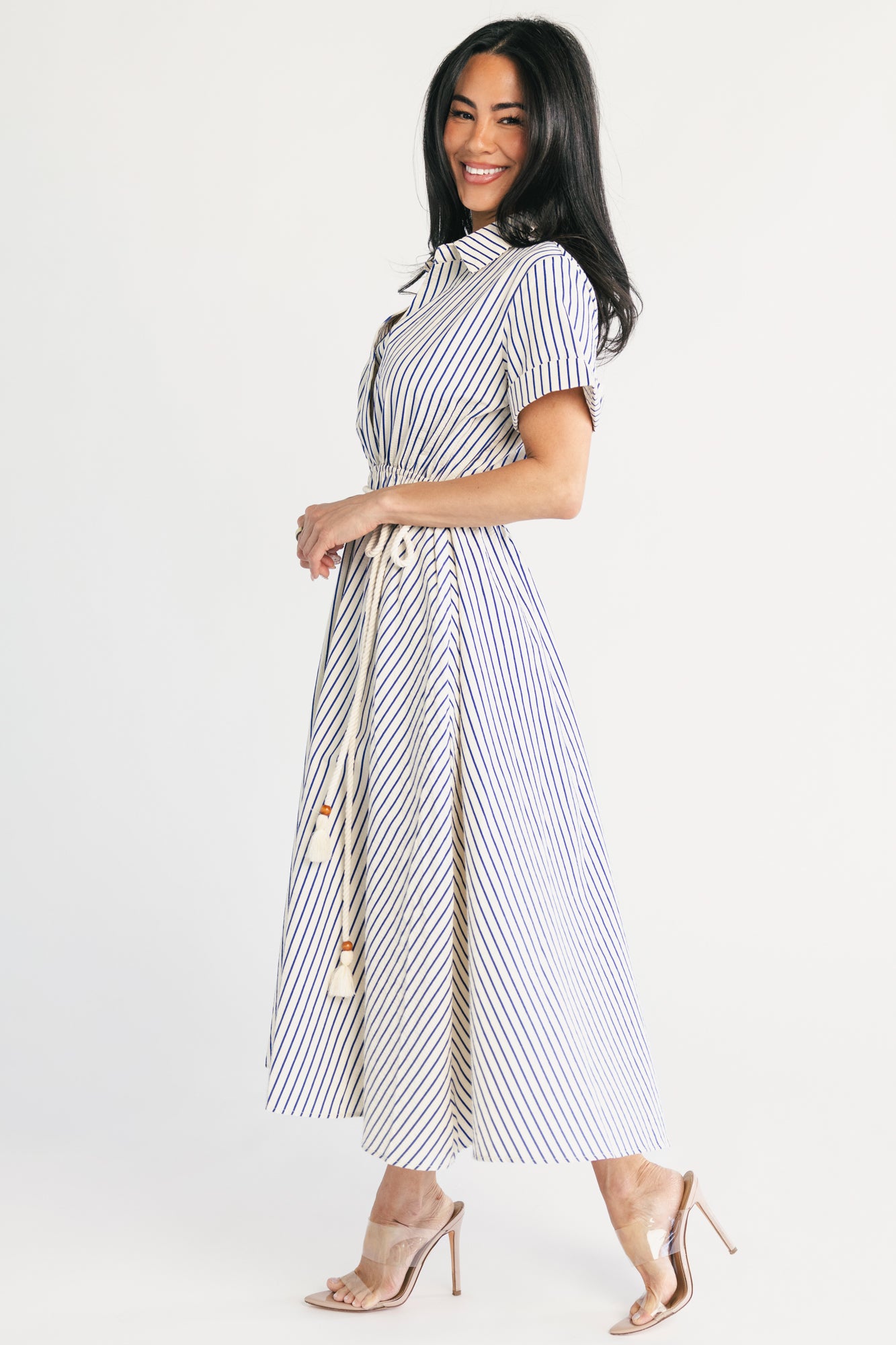 Bryony Midi Dress | Cream + Navy Stripe