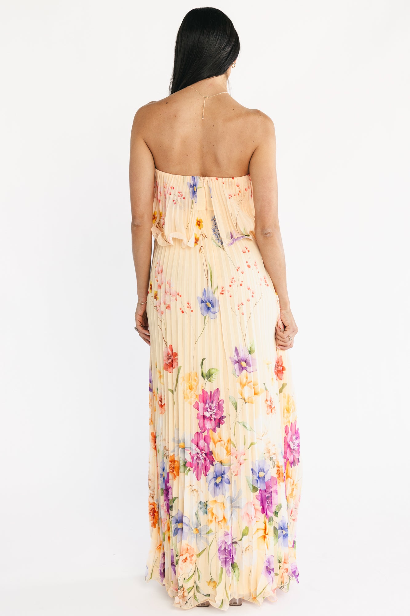 floral strapless maxi dress Bloom Pleated Strapless Maxi Dress