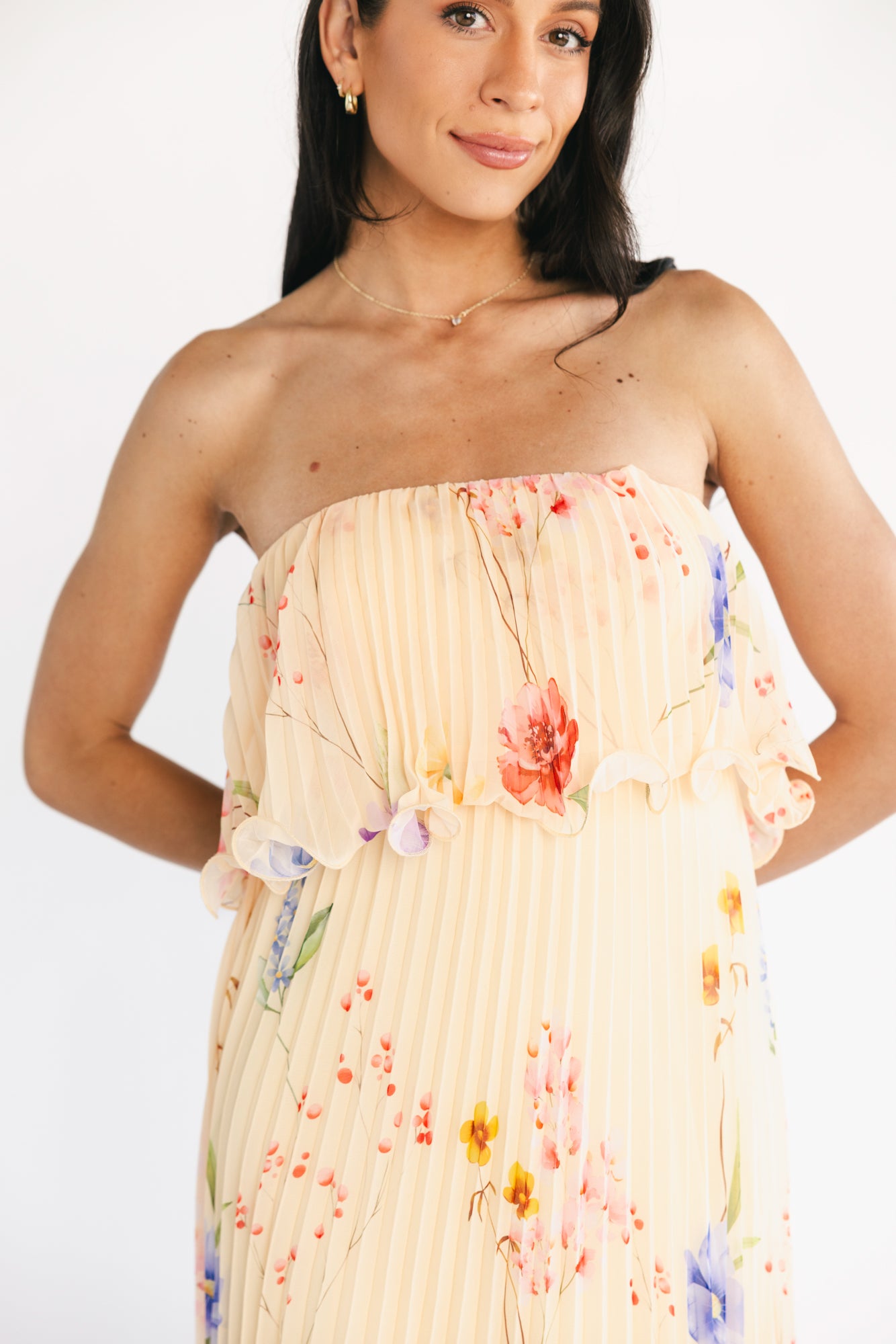 pleated strapless maxi dress Baltic Born Womens Bloom Pleated Strapless Maxi Dress | Multi Floral