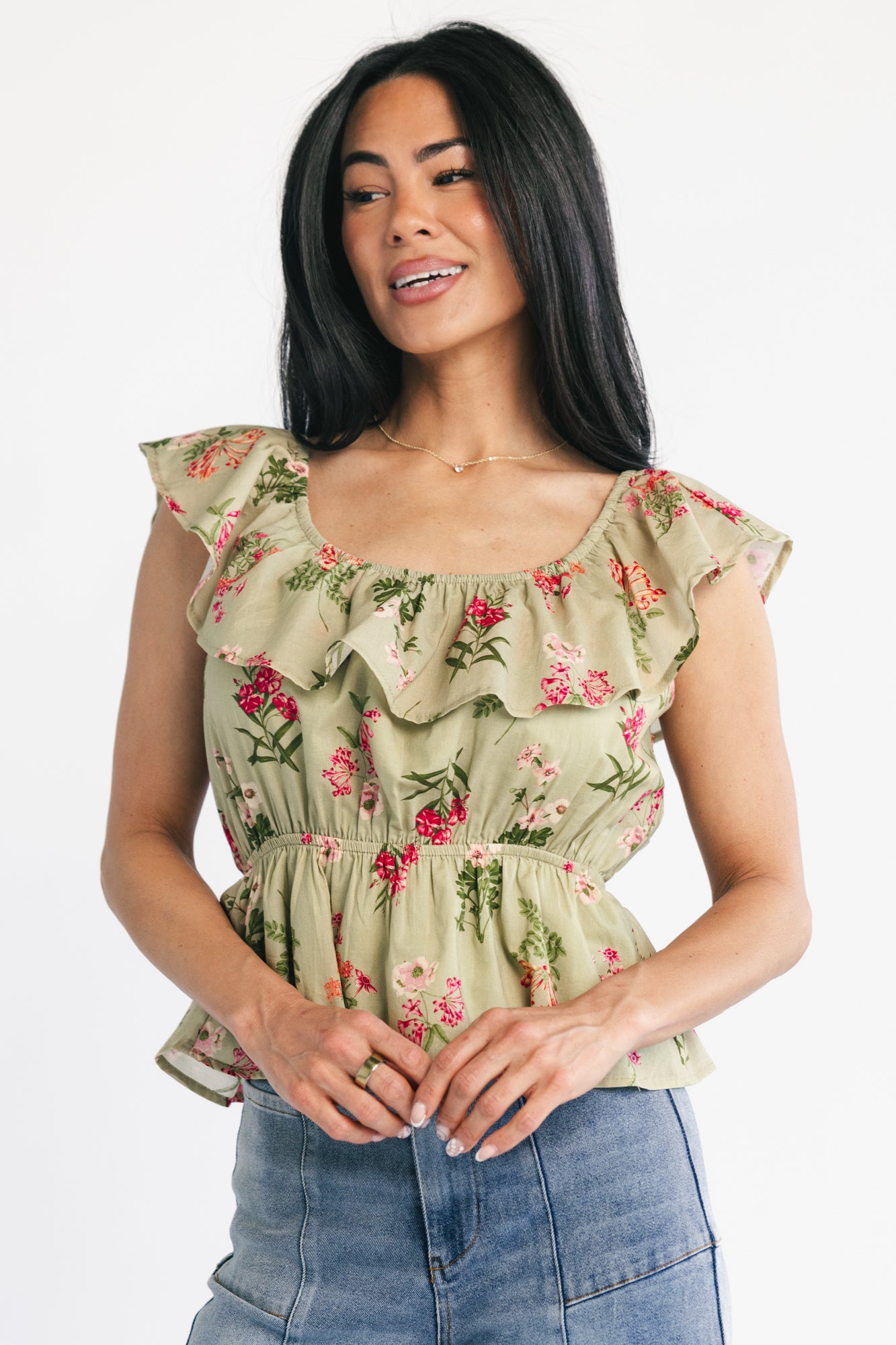 Lissie Peplum Top | Green + Pink Floral