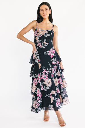 Hallie Tiered Maxi Dress | Black Multi Floral