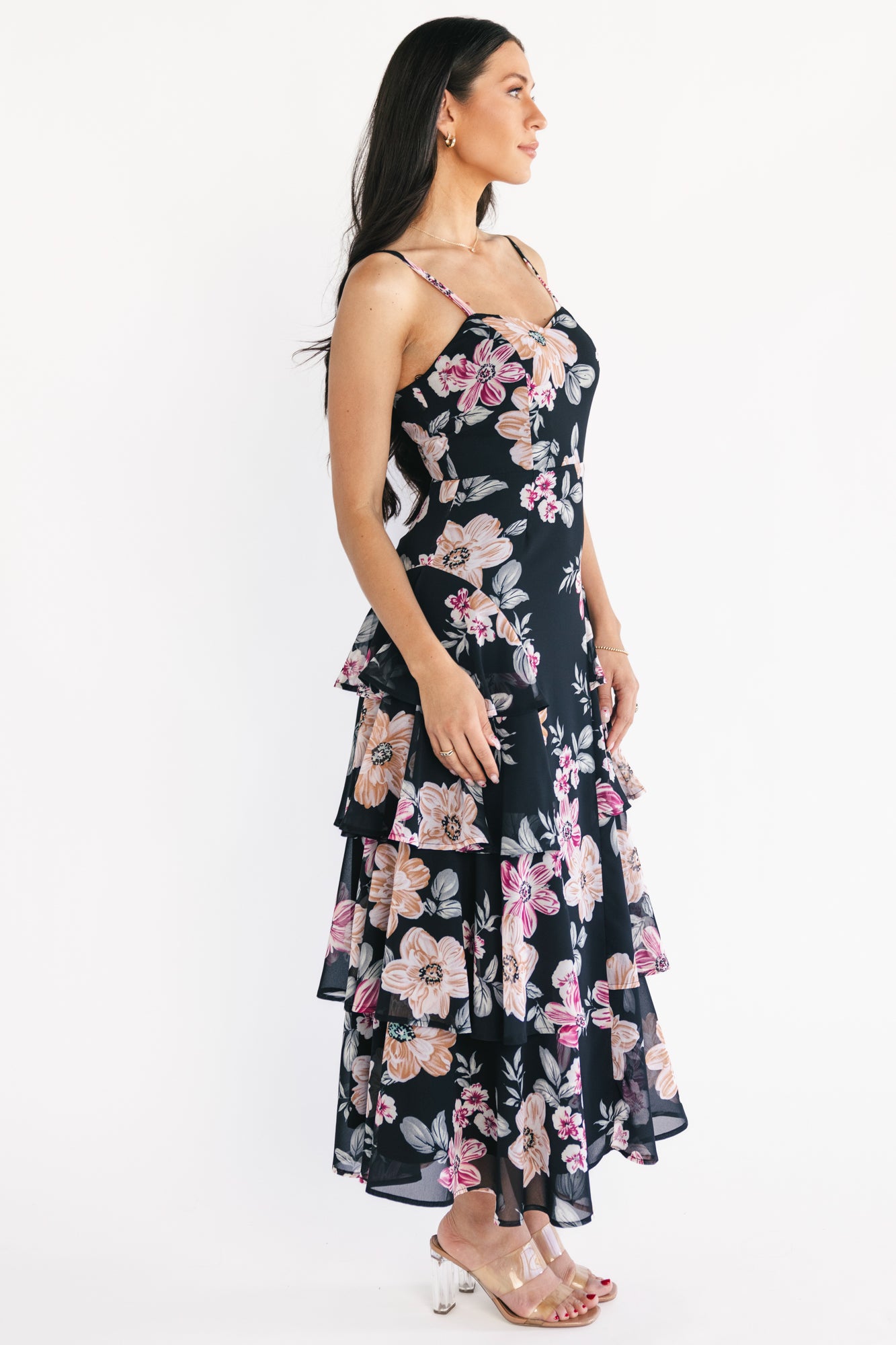 rare feelings black floral print tiered pleated maxi dress Free People Rare Feelings - Black Floral Maxi Dress - Tiered Maxi