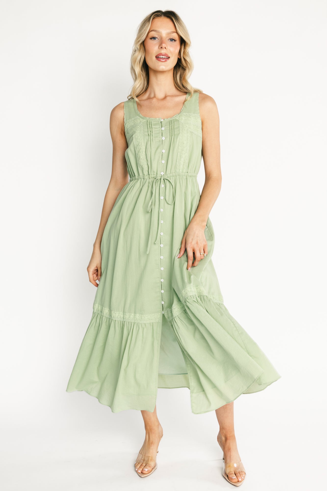 Front view of Blanche midi dress in sage, showing tank silhouette, lace-trim neckline, button-front and tiered midi skirt for styling.