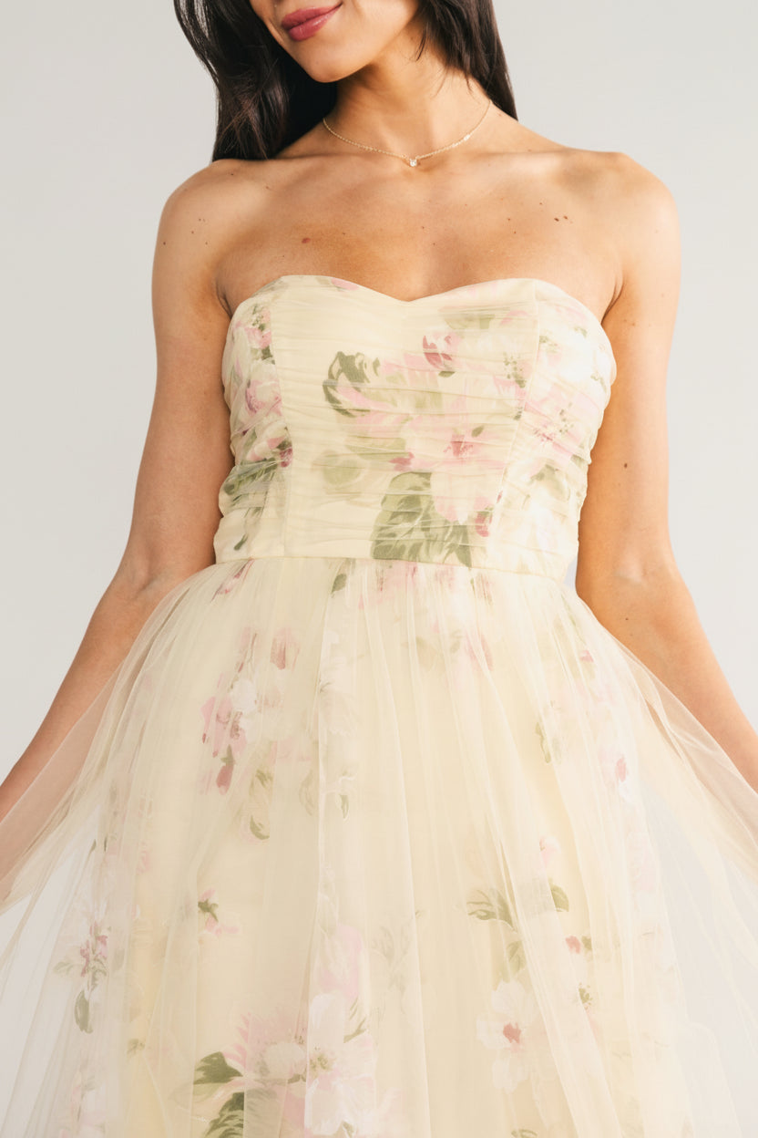 Carlotta Tulle Gown - Light Yellow Floral