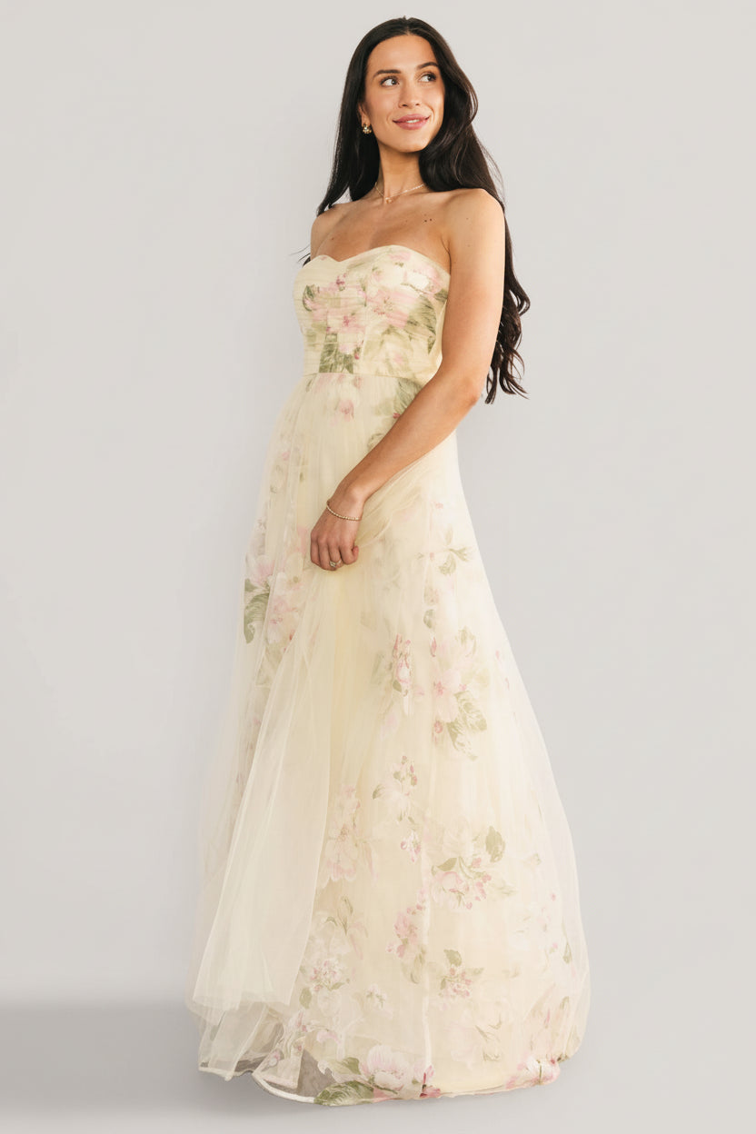 Close-up of the structured ruched bodice and sweetheart neckline of the Carlotta tulle gown highlighting seam detail and zipper closure at the back.
