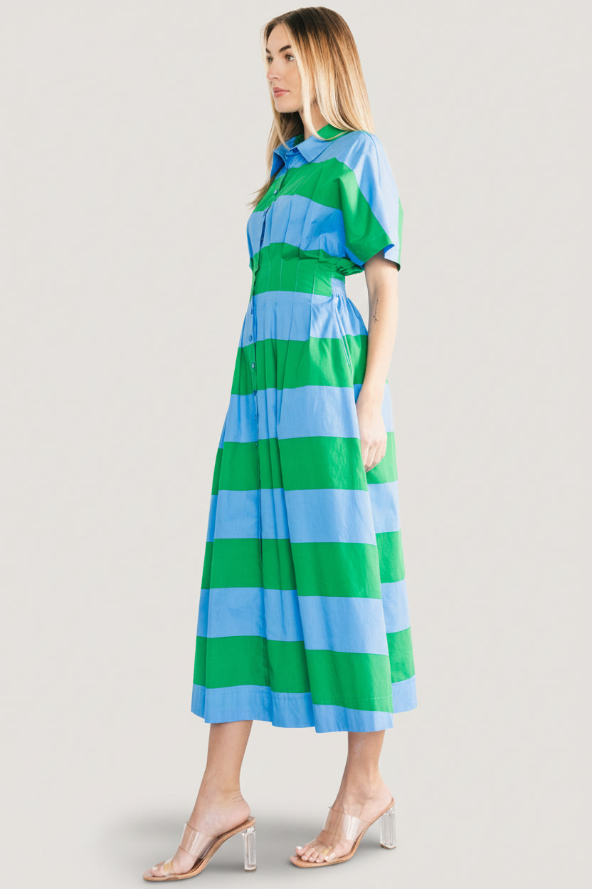Back view of the Tracy Shirt Dress highlighting the elasticized back waist, stripe pattern alignment and unlined construction.