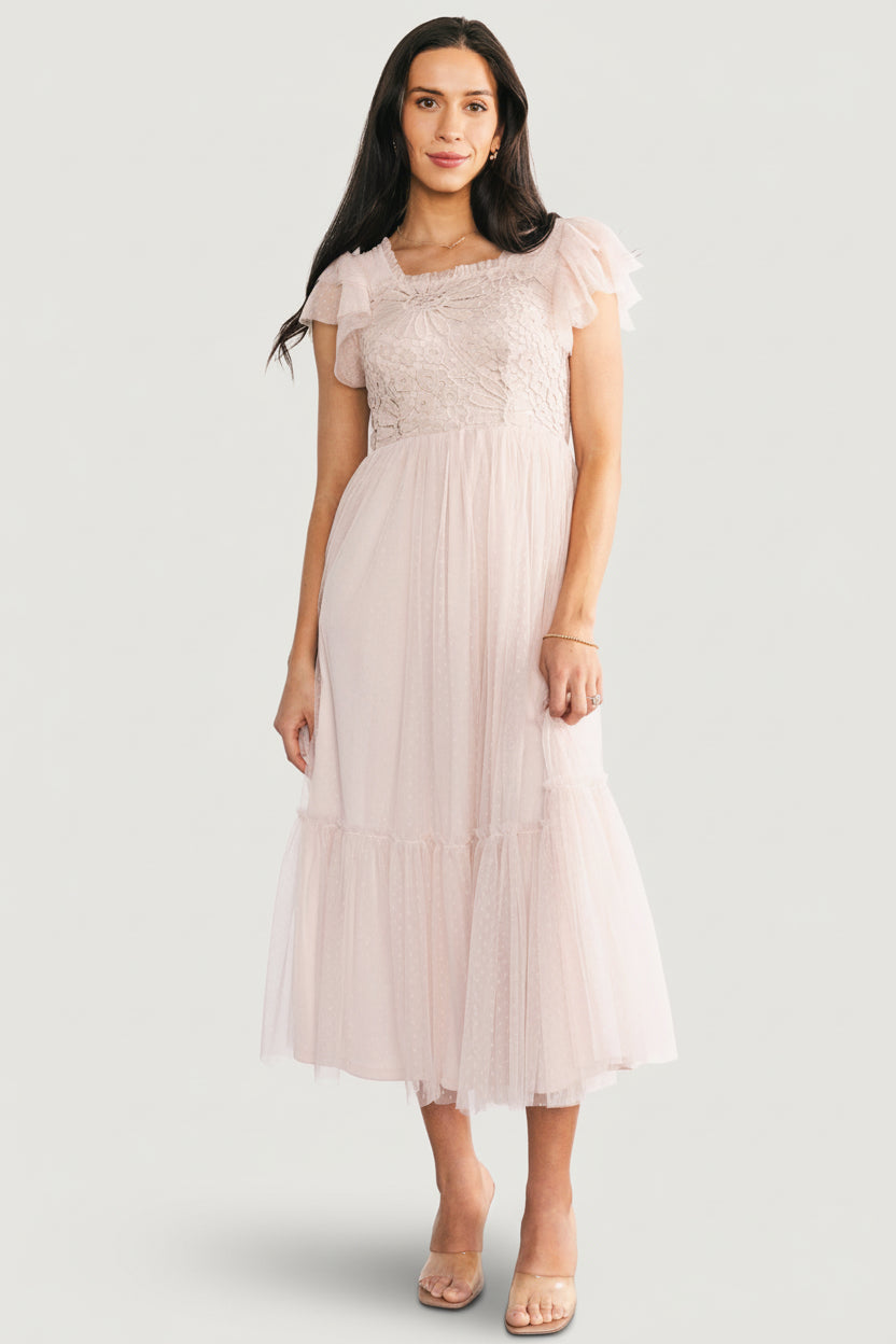 Front view of Elowyn Lace Top Midi Dress in natural: straight cut neckline, lace overlay on the bust, Swiss dot mesh and layered flutter sleeves for a soft silhouette.