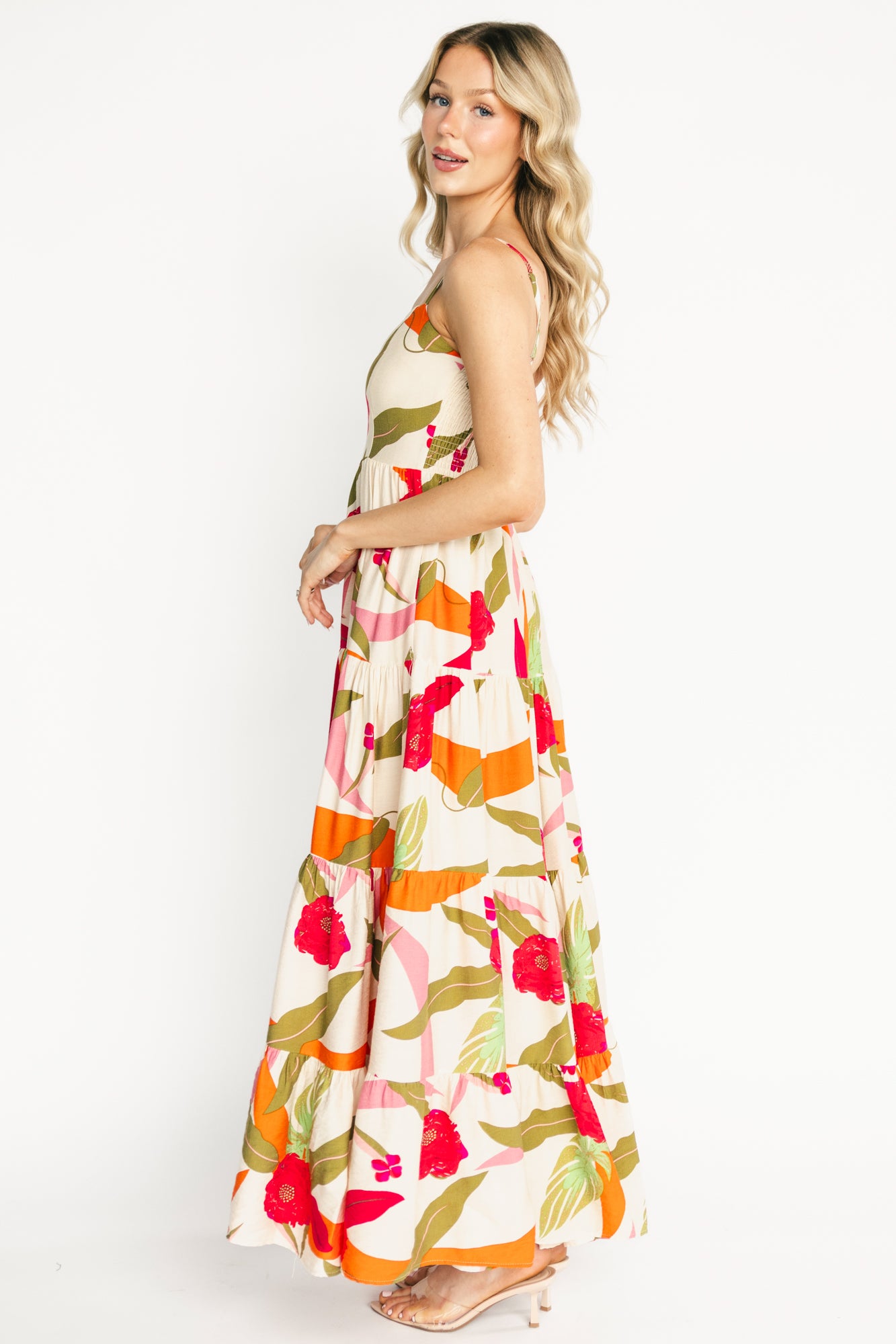 Silvia Tiered Maxi Dress | Natural + Pink Multi