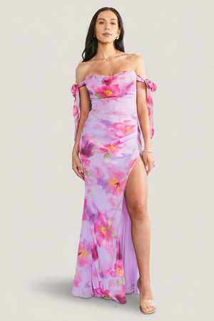 off the shoulder maxi dress pink Baltic Born Womens Allegra Off Shoulder Maxi Dress | Lavender Floral