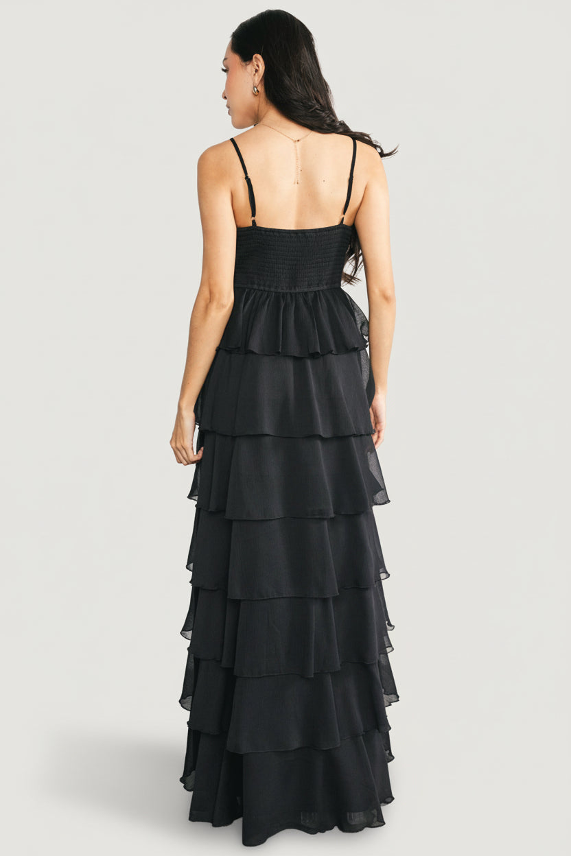 black ruffle tiered maxi dress Black Strapless Ruffle Tiered Tulle Long Prom Dresses