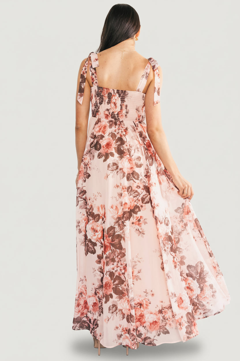 Close-up of paneled front bodice and delicate blush floral print on the lightweight chiffon fabric of the Macey Maxi Dress.