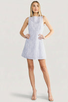 Front view of Yvonne sleeveless short dress in light blue and off-white stripe, embroidered floral detail, high boat neckline.