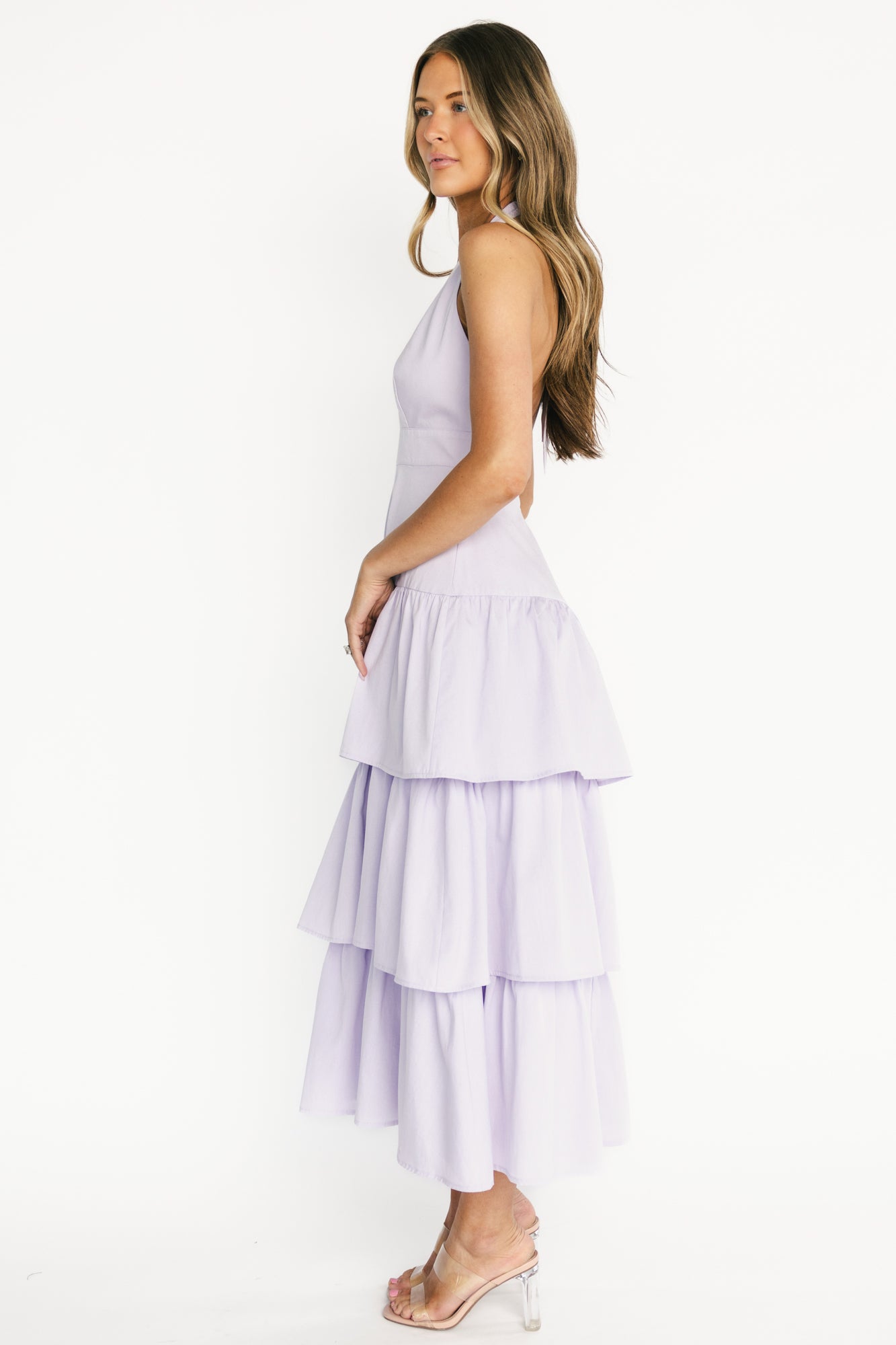 Full-length shot of the Savannah Tiered Maxi Dress in light purple, showing flowing tiers and ruffled flounces for movement.