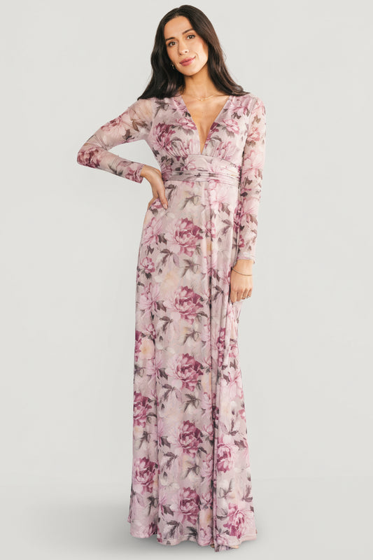 Front view of Fable Mesh Maxi Dress in dusty blush mauve with soft floral print, deep V-neckline, and floor-length silhouette.