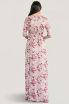 Close-up of mesh fabric and floral print on Fable Mesh Maxi Dress, showing texture and soft stretch composition.