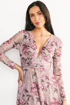 Back view of Fable Mesh Maxi Dress focusing on smocked waist panel and full-length skirt in dusty blush mauve floral.